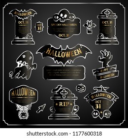 Halloween silver with gold design labels set. Vintage retro style banners. Badges and lettering for a happy Halloween sign or logo. Clipping paths included.