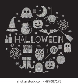 Halloween silver icons set in circle shape on black background. Bright design concept for festive banner, greeting and invitation card, flyer, tag, poster, postcard, advertisement. Vector illustration