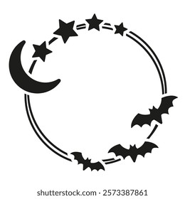 Halloween simple circle frame with half moon, stars and flying bats in flat style. Isolated vector design with copy space for text. Round shape decorative element for greeting card, invitation, banner