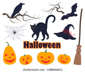 Halloween simple elements set. Crow on branch, yellow pumpkins, spider on web, black cat, flying bat, witch hat and broom isolated on white background. Vector flat illustration.