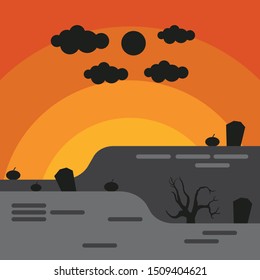 Halloween Simple Illustrator. The silhouette Shadow with Grave, Pumpkin, Moon and Tree.