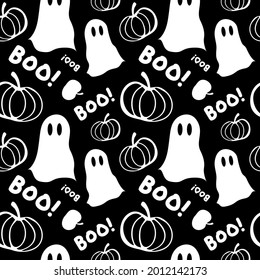 Patrón simple de Halloween. ¡Los fantasmas blancos, las calabazas y el Boo! texto sobre fondo negro. Ornamento plano minimalista para envolver papel, tapicería, decoración de vacaciones