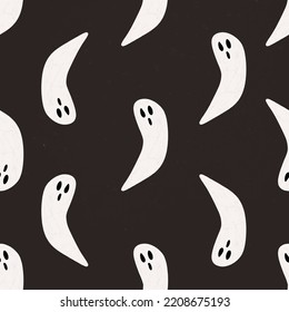 Halloween simple pattern. White ghosts and Boo! text on black background. Minimalistic flat ornament for wrapping paper, wallpaper, holiday decor vector illustration