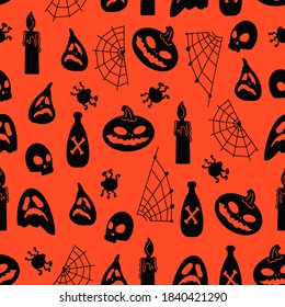 Halloween es un simple patrón de dos colores sin fisuras con calabaza, araña, fantasma, red y vela. Fondo vectorial para invitaciones de fiesta, papel tapiz, papel envolvente, impresión de tela, decoración.