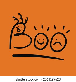 Halloween single Boo phrase for celebration holiday quote with doodle people faces. Template for greeting card, party invitation, poster, sale banner. Hand drawn decorative design element vector EPS10