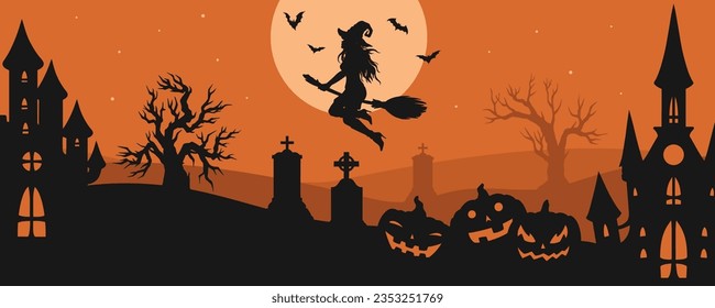 Halloween sinister landscape poster colorful with flying witch and moon over cemetery and pumpkins with scary smiles vector illustration