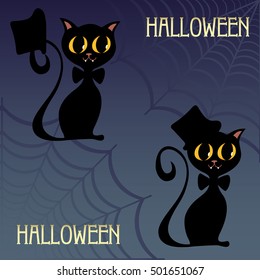 Halloween sitting cat. Vector illustration isolated on dark gradient background.