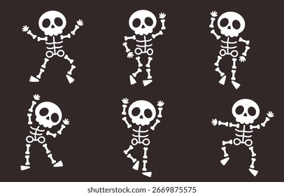 Halloween Six Dancing Skeletons with Different Poses Vector Illustration