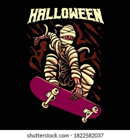 halloween skateboarding mummy vector illustration