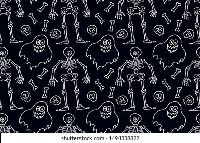 Halloween skeleton and bones, white line on a dark blue background pattern vector illustration for design and decoration