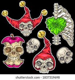 Halloween skeleton bundle. Vector illustrations of flourishing ribs, apple skull, clown skull and skull in a hood. Isolated on dark background. For your Halloween, costume party and other designs.
