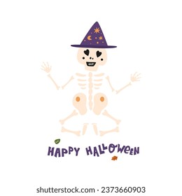 Halloween skeleton cartoon character in yoga pose Funny dead person isolated element for Halloween party celebration, cute festive. Vector illustration for banner, poster, greeting card, invitation.