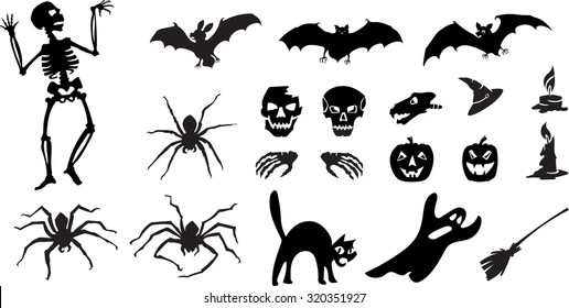 Halloween, skeleton, cat, pumpkin, bat, skull, broom, candle, spider ghost, vector, silhouette