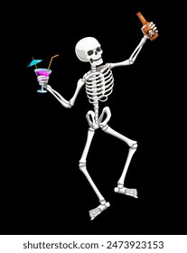 Halloween skeleton character drinking a beer and cocktail. Isolated vector eerie skeletal personage sipping beverages, embodying macabre spirit of the night, adding spooky twist to party celebration