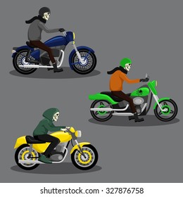 Halloween skeleton character riding motorbike vector image design set for illustration, postcards, posters, stickers, labels and other creative needs.