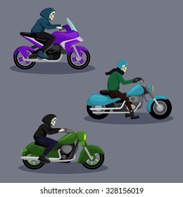 Halloween skeleton character riding motorbike vector image design set for illustration, postcards, posters, stickers, labels and other creative needs.
