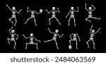 Halloween skeleton dance. Vector set of funny characters in different poses. Creepy skeletons, dead personages dancing, squatting, juggling skull, and playing, animation sequence frame, game sprite