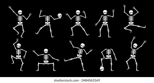 Halloween skeleton dance. Vector set of funny characters in different poses. Creepy skeletons, dead personages dancing, squatting, juggling skull, and playing, animation sequence frame, game sprite