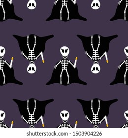 halloween skeleton, dresed up as dracula, holding candle,  grid, on dark violet background. Vector seamless pattern.