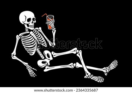 Halloween skeleton drink cocktail. Isolated vector eerie skeletal personage sipping beverage through the straw, embodying the macabre spirit of the night, adding a spooky twist to the celebration