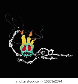 Halloween skeleton ghost with lit up with a yellow candle, illustration vector cartoon