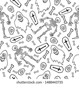 Halloween skeleton, ghost, skull and crossbones black line on a white background pattern vector illustration template for design and decoration