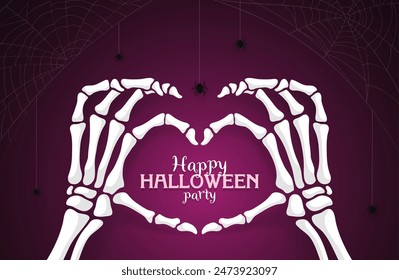 Halloween skeleton hands with heart for holiday horror night, cartoon vector. Happy Halloween greeting for trick or treat party banner, skeleton hands and love heart sign fingers with spider on cobweb