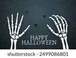 Halloween skeleton hands with spiders and cobweb vector banner of horror holiday trick or treat party. Scary bone arms of Halloween monster, white silhouette of human skeleton hands on dark background