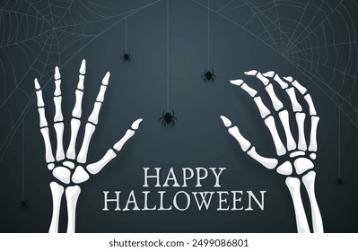 Halloween skeleton hands with spiders and cobweb vector banner of horror holiday trick or treat party. Scary bone arms of Halloween monster, white silhouette of human skeleton hands on dark background