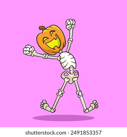 Halloween Skeleton Illustration with Pumpkin Head Cheering