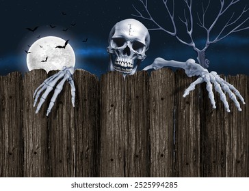 Halloween - A skeleton looks out from behind a wooden banner close up. Vector.