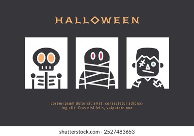 halloween skeleton, mummy, zombie card template