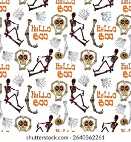 Halloween Skeleton Pattern with Boo Text and Skulls. Seamless Halloween Design with Bones and Webs
