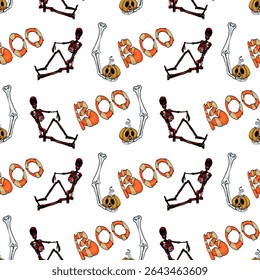 Halloween Skeleton Pattern with Boo Text and Pumpkins. Seamless Halloween Design with Dancing Skeletons
