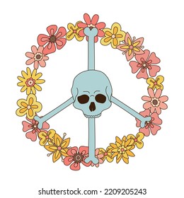 Halloween Skeleton Peace Sign made of Hippie Groovy Bony Scull and Daisy floral wreath. Flower power braincase boho concept. Linear aesthetic hand drawn vector illustration.