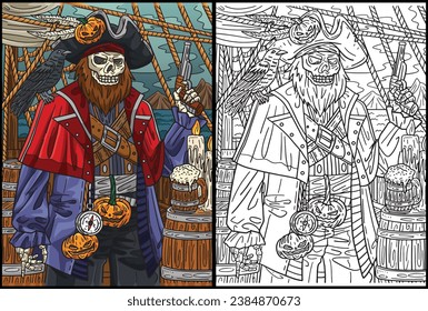 Ilustración de coloración pirata en el esqueleto de Halloween