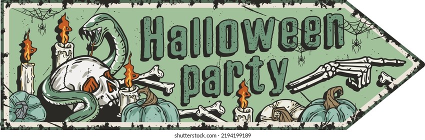 Halloween skeleton poster with skull and snake. Halloween undead and walking dead. Fear and spooky zombie for design dark party of happy halloween