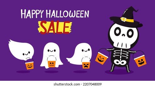 Halloween skeleton and pumpkin basket. cartoon. Skeleton in halloween day. Character design. Happy halloween greeting card. Halloween sale banner.