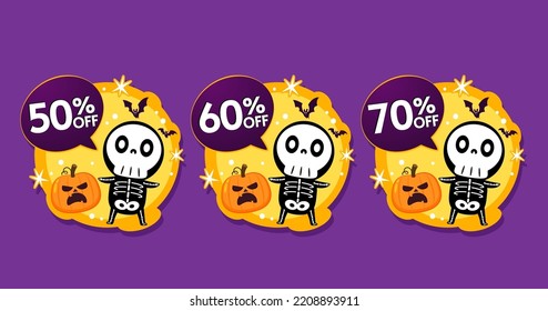 Halloween skeleton and pumpkin basket. cartoon. Skeleton in halloween day. Character design. Happy halloween greeting card. Halloween sale banner.