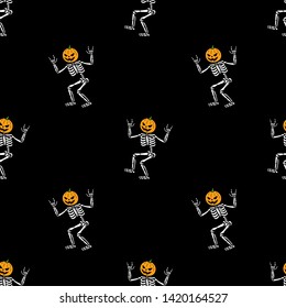 HALLOWEEN SKELETON WITH PUMPKIN HEAD WITH ROCK SIGN. SEAMLESS PATTERN BLACK BACKGROUND