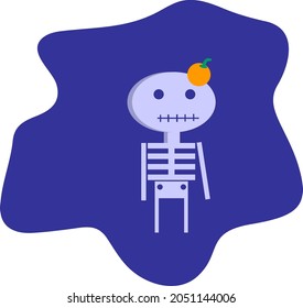 
Halloween skeleton with pumpkin on head on blue background