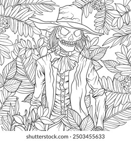 Halloween skeleton scarecrow, horror, scary. Colouring page book design. Vector outline.