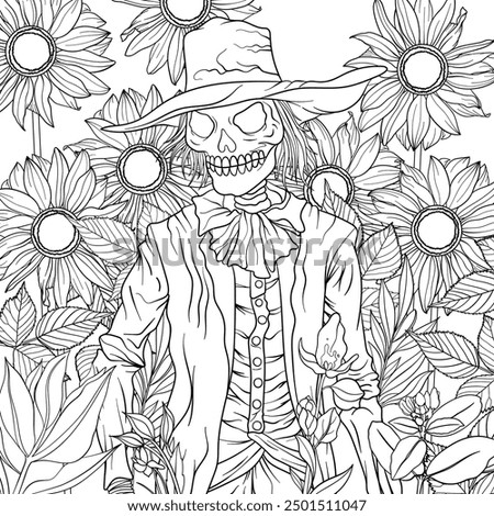 Halloween skeleton scarecrow, standing in a field of sunflowers, colouring book page design. Vector outline. 