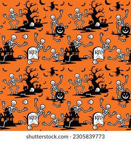 Halloween Skeleton Seamless Pattern with Witch and Bat- Halloween Vector Illustration