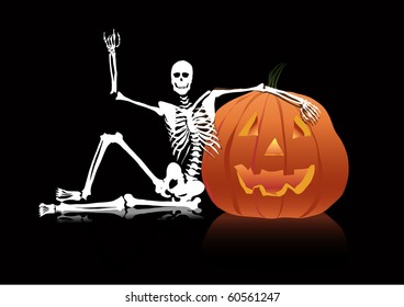 Halloween skeleton sitting near pumpkin head