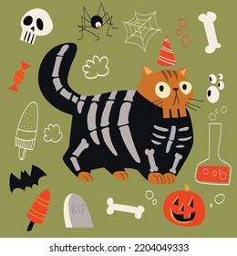 Halloween skeleton skull cute cat illustration for halloween party