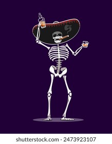 Halloween skeleton in sombrero drinking whiskey. Mexican Day of the Dead holiday funny personage, Halloween creepy character, spooky skeleton weaning wide sombrero, smoking cigar, drinking alcohol