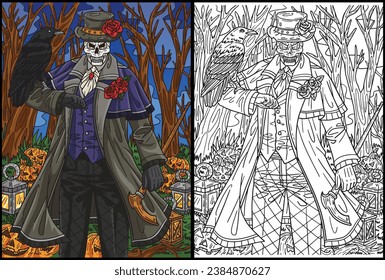 Ilustración de la página de Coloración del conjunto de esqueletos de Halloween