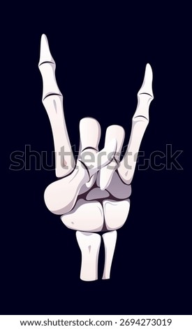 Halloween skeleton vector hand shows finger bones stretched outward in gesture resembling a heavy metal sign. Phalanges makes the iconic devil horns symbol, Halloween skeleton gesture