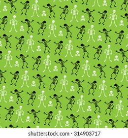 Halloween Skeleton vector Pattern on green background 